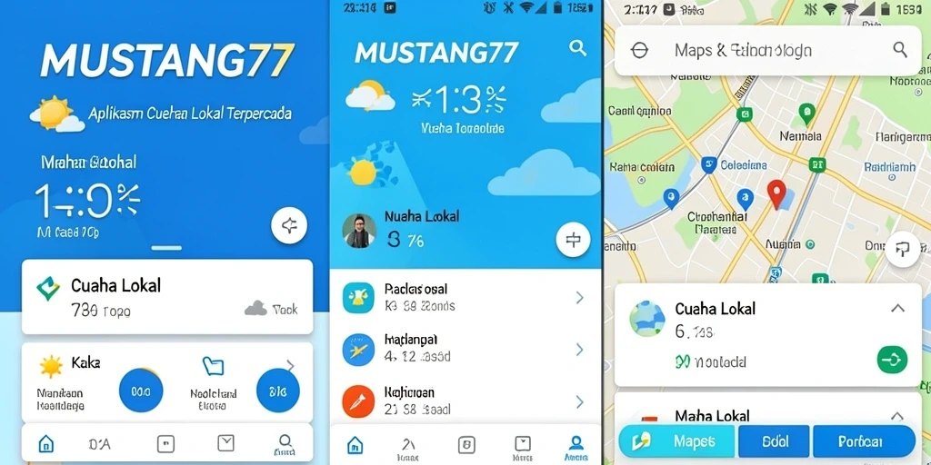Tampilan antarmuka <strong>MUSTANG77</strong> menampilkan informasi cuaca lokal yang jelas.